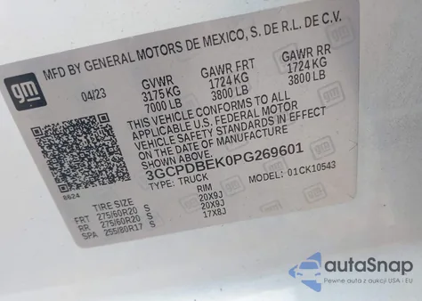 2023 Chevrolet Silverado 1500 4Wd Short Bed Custom z USA, uszkodzony, nr VIN 3GCPDBEK0PG269601